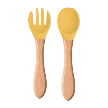Wood Handle Silicone Baby Spoon Fork Complementary Kids Tableware 2 Pcs / Set