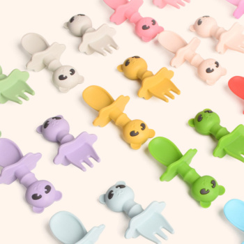 Short Silicone Panda Bear Cartoon Baby Spoon Fork Complementary Kids Tableware 2 Pcs / Set